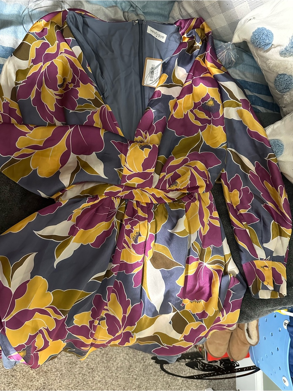 Vibrant Floral Satin Dress in Purple & Mustard
